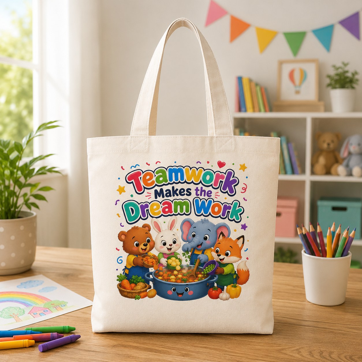 Teamwork Makes the Dream Work Tote Bag — Cute Kids Classroom Canvas Grocery Tote