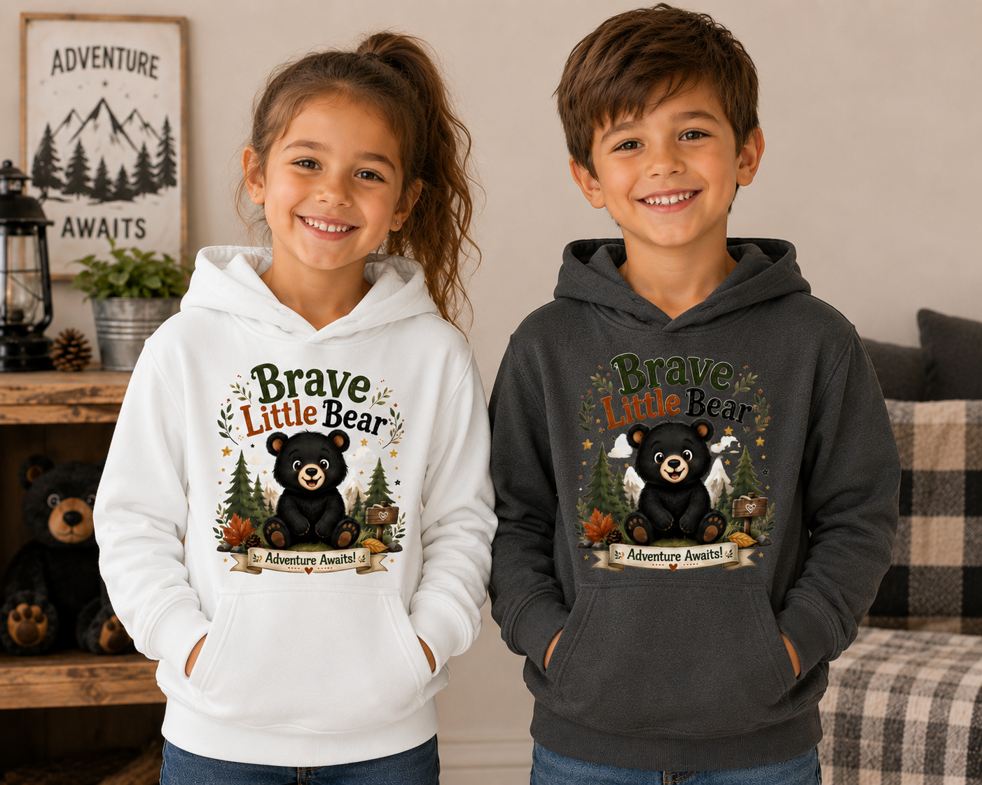 Brave Little Bear Kids Hoodie — 'Adventure Awaits' Woodland Bear Sweatshirt