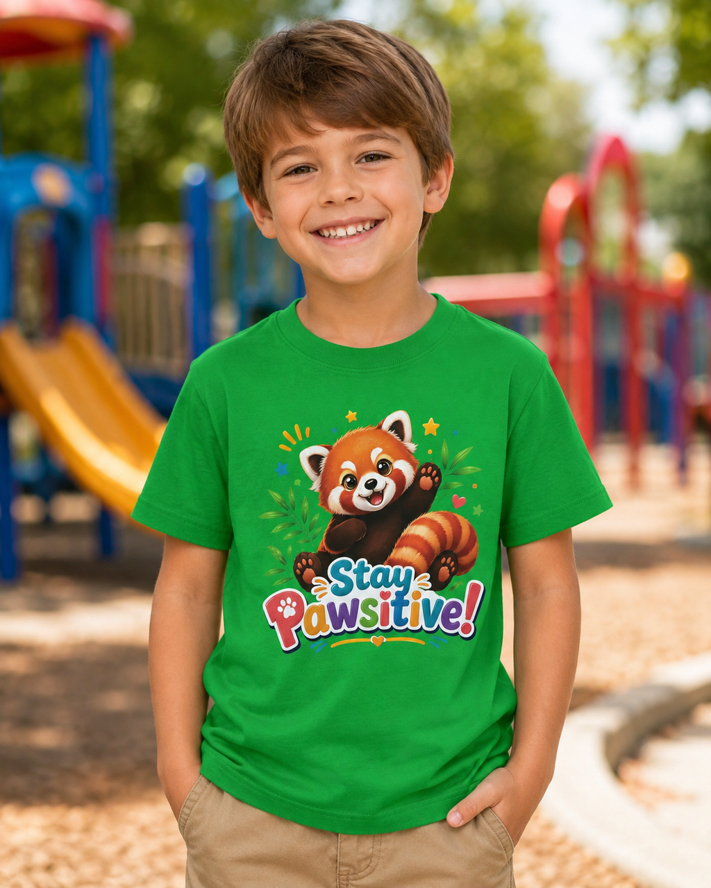Stay Pawsitive Red Panda Kids Tee | Cute Animal Positive Message