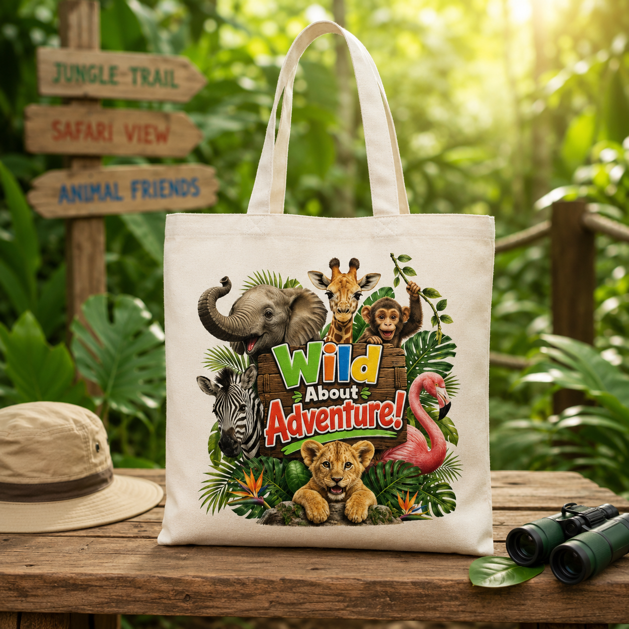 Wild About Adventure Tote Bag — Cute Jungle Animal Canvas Tote for Kids & Moms
