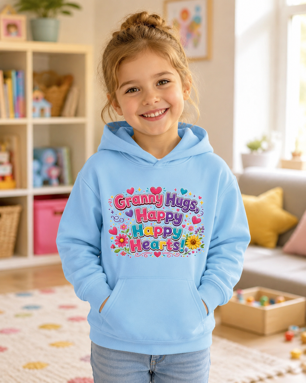 Granny Hugs Happy Happy Heart Kids Hoodie | Colorful Floral Heart Design