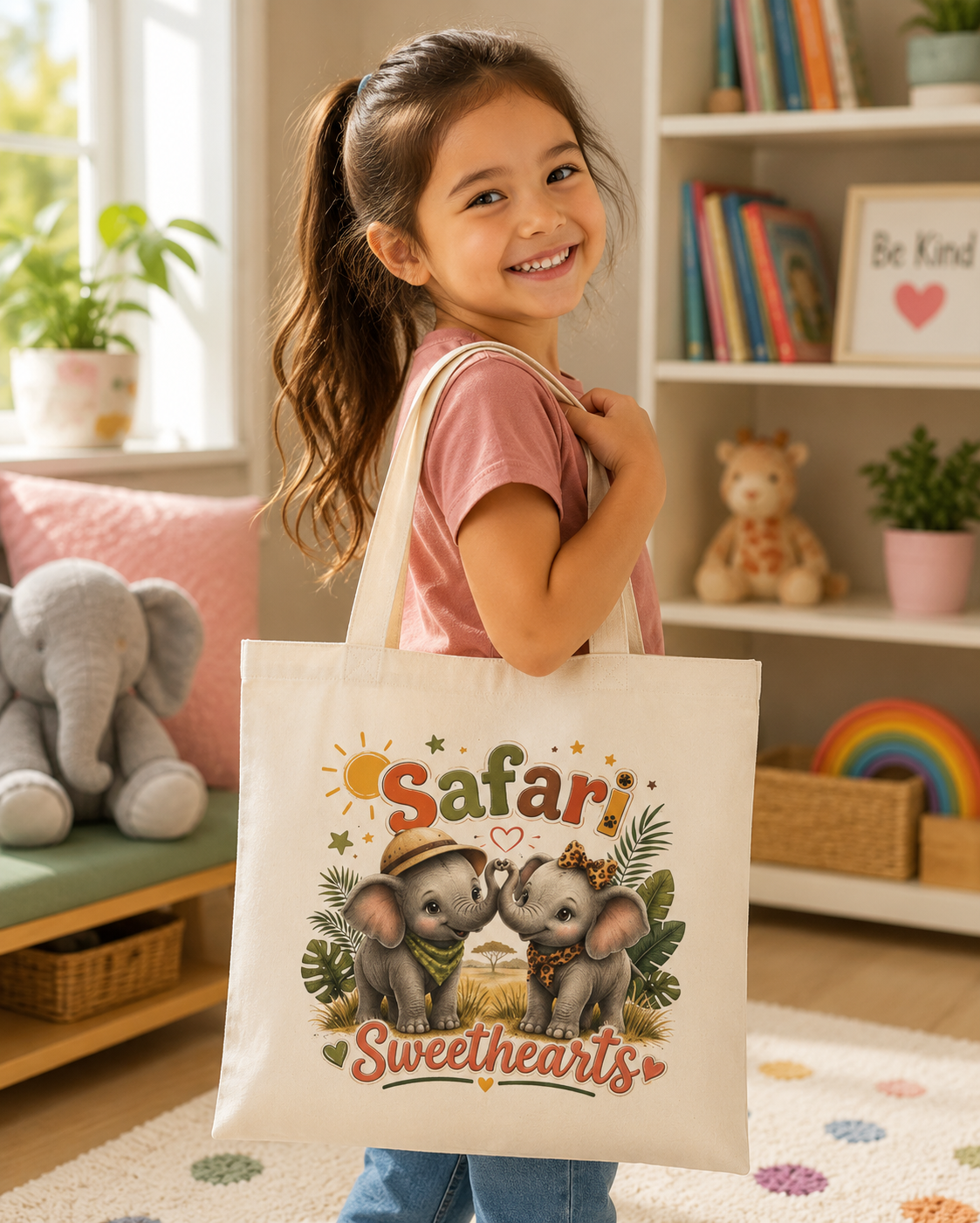 Safari Sweethearts Tote Bag — Cute Elephant Couple Canvas Tote for Kids & Animal Lovers