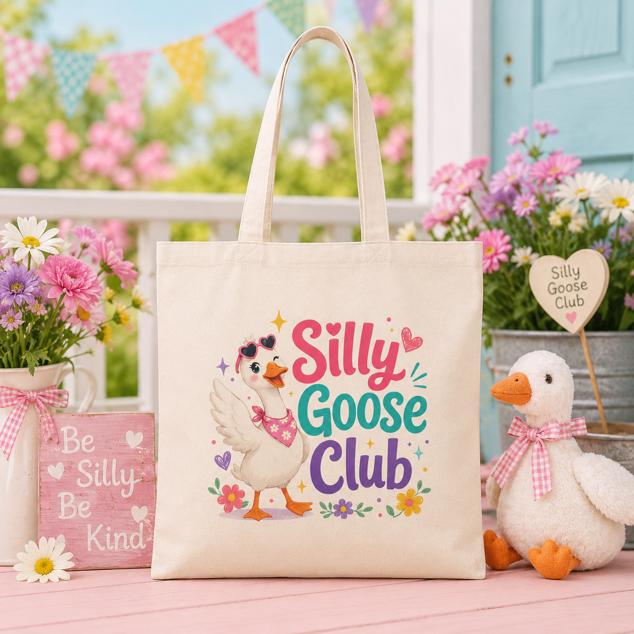 Silly Goose Club Tote Bag — Cute Floral Cartoon Canvas Grocery Tote