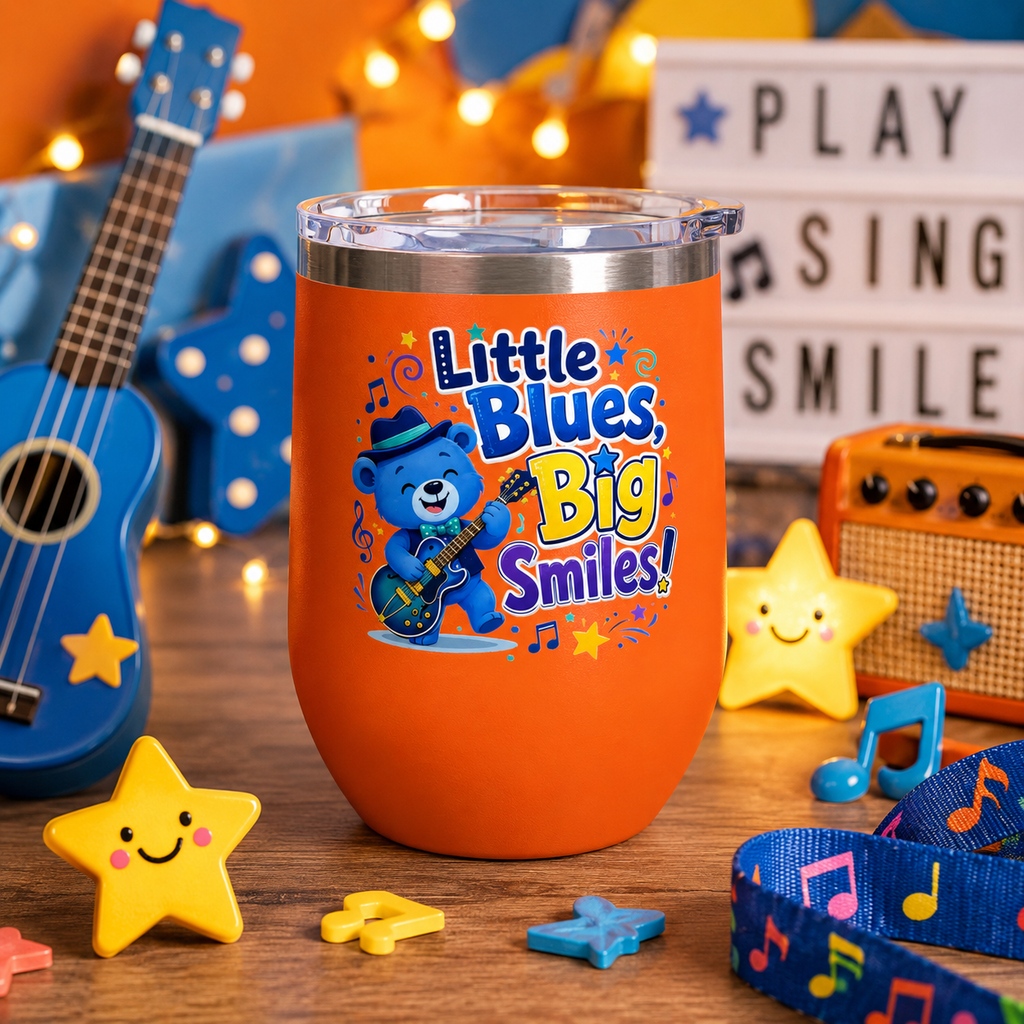 "Little Blues, Big Smiles" Cute Blue Bear Music 12oz Insulated