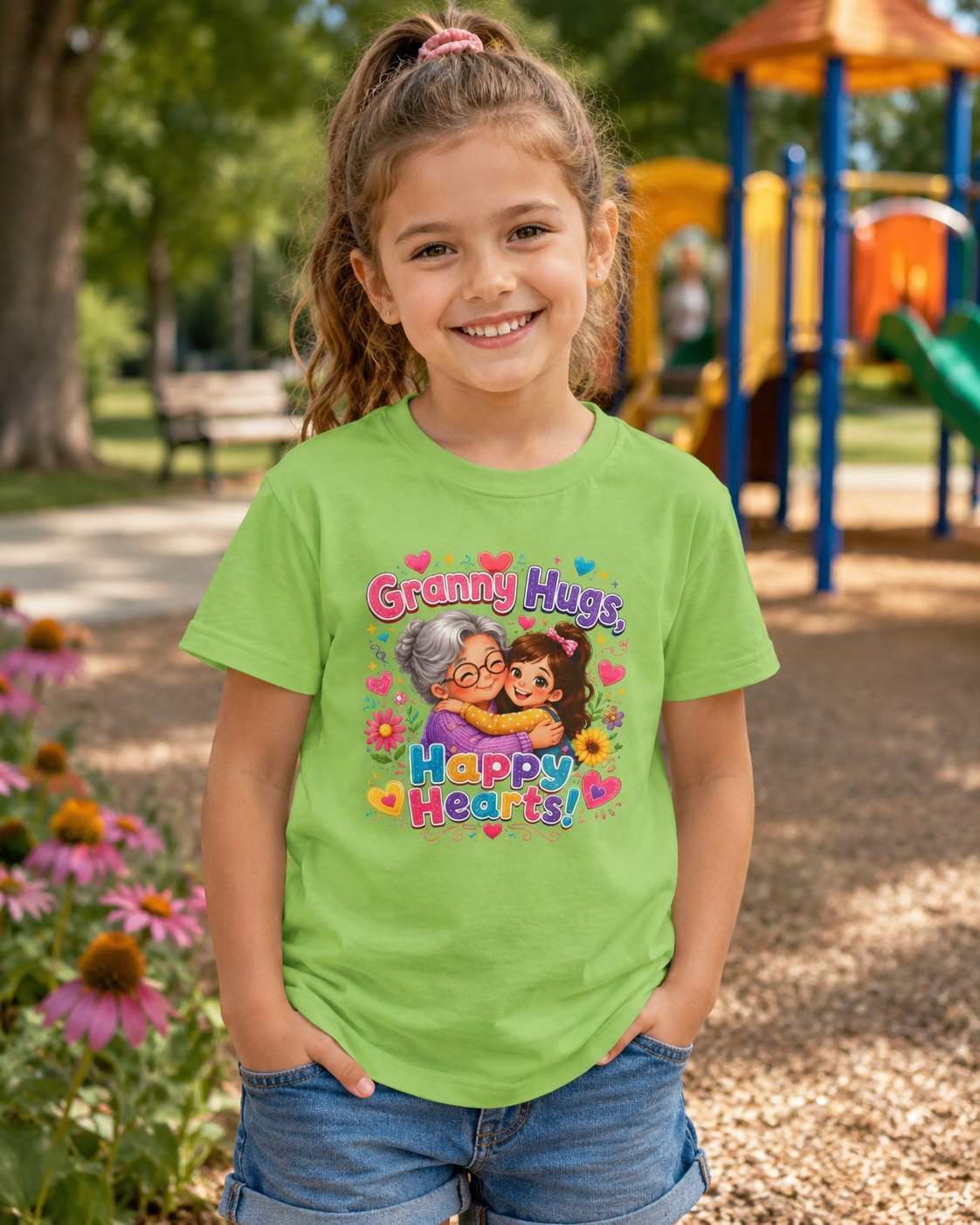 Granny Hugs Happy Hearts Tee | Grandma Grandchild Cute Illustration