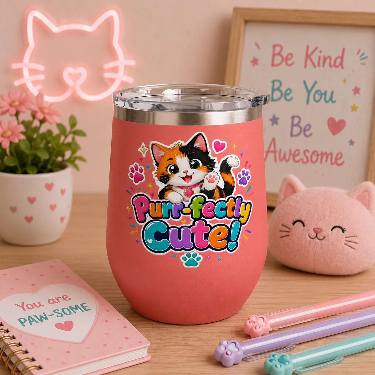 "Purr-fectly Cute!" Cat 12oz Insulated Stainless Steel Tumbler